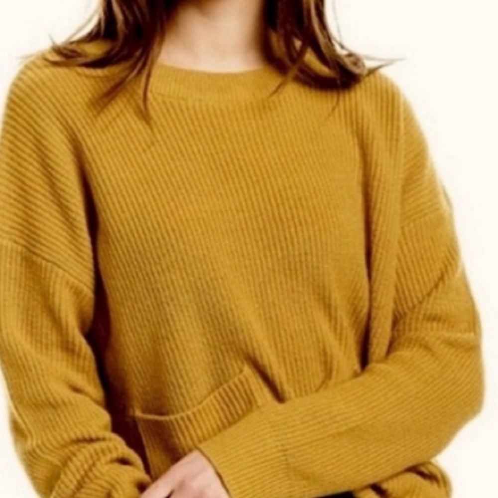 Madewell Ribbed Mustard Crewneck Sweater with Front Pockets